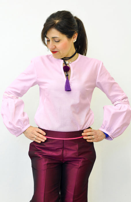 Camicia con manica lunga a palloncino in cotone cellulare a trama grande