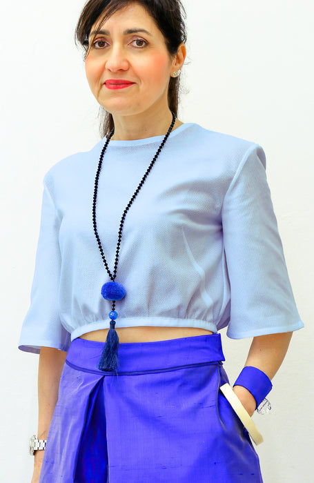 Camicia con manica tre-quarti a campana in cotone cellulare a trama grande