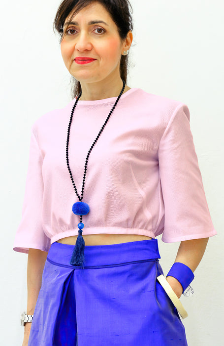 Camicia con manica tre-quarti a campana in cotone cellulare a trama grande