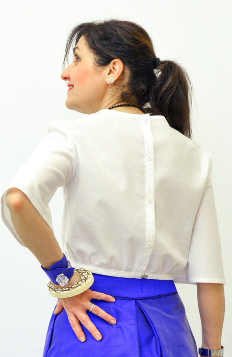 Camicia con manica tre-quarti a campana in cotone cellulare a trama grande