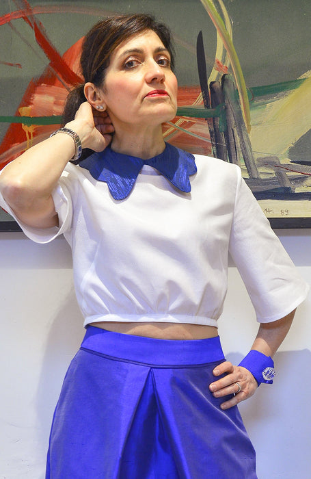 Camicia con manica tre-quarti a campana in cotone cellulare a trama grande